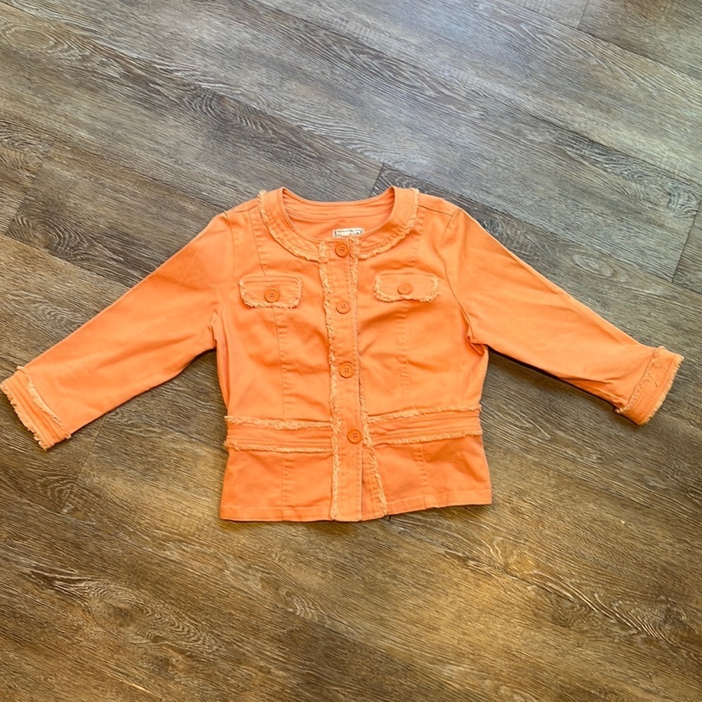 Liv A Little Coral Orange Denim Jacket Womens Size PM Raw edges